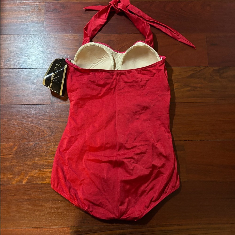 Elegant Esther Williams Pinup Red Halter One-Piece Swimsuit - Picture 3 of 6